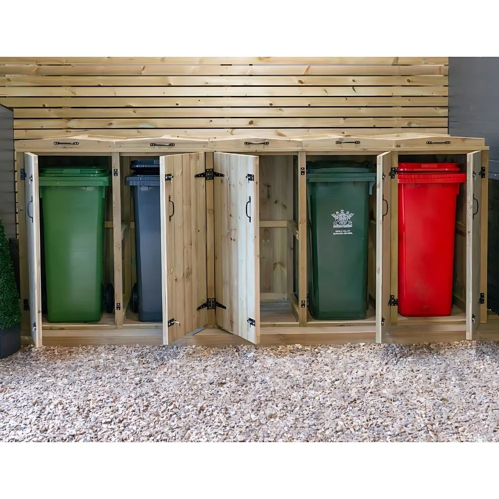 A tidy wooden storage unit neatly housing several colour-coded wheelie bins.